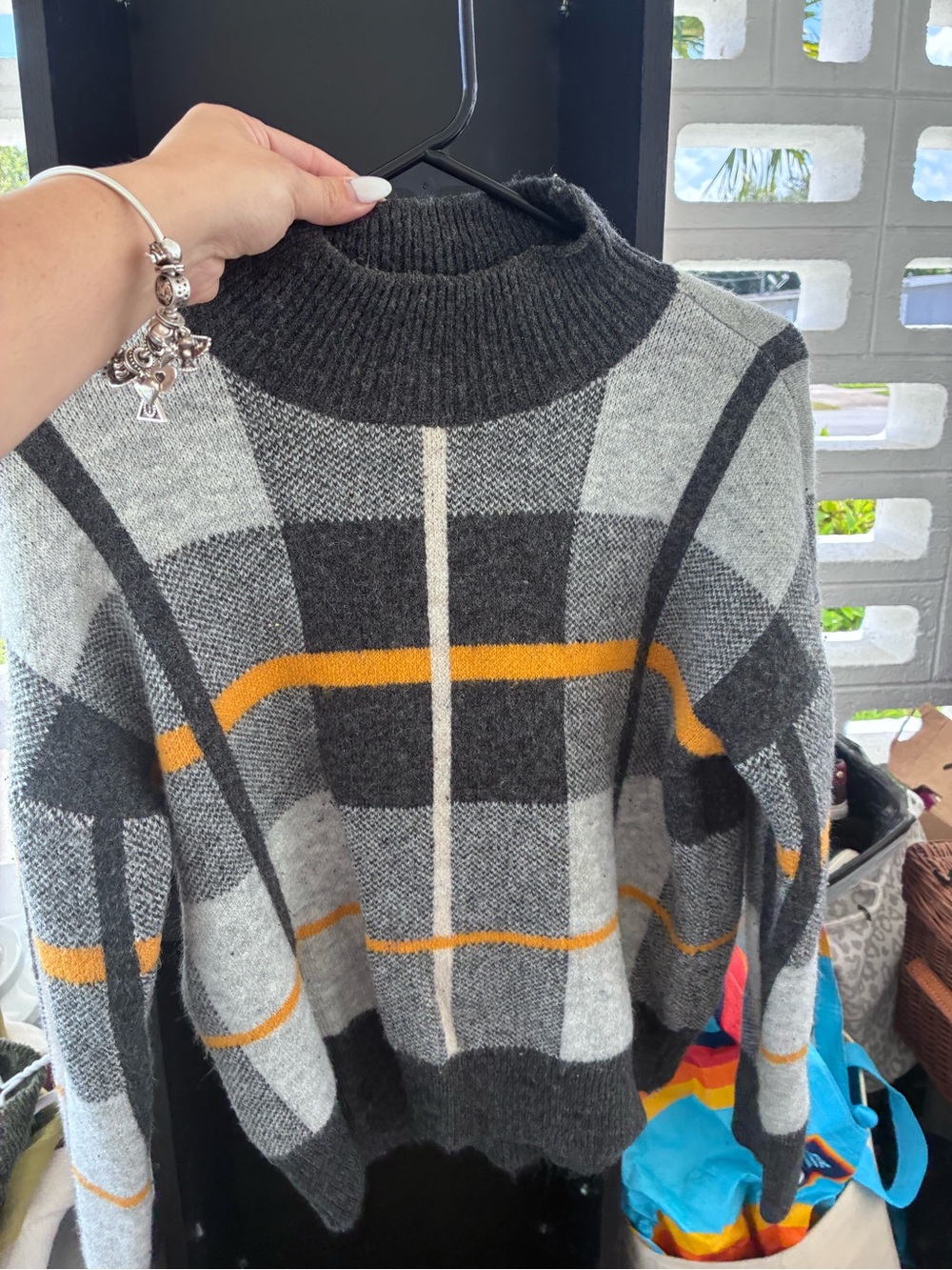 Marled Gray Plaid Mock Neck Sweater with Mustard Stripes